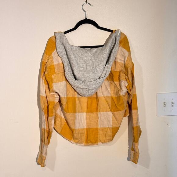 American Eagle Yellow & Cream Plaid Hooded Shirt – Soft Flannel Blend - Picture 2 of 4